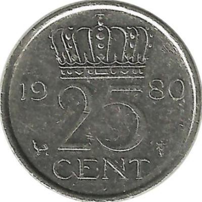 Монета 25 центов 1980г. Нидерланды.