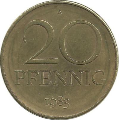 Монета 20 пфеннигов. 1983 год, ГДР. 