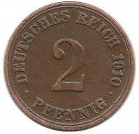 Монета 2 пфенниг 1910 год (А), Германская империя.