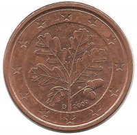 Монета 1 цент. 2009 год (D), Германия.