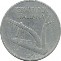 Монета 10 лир.  1951 год, Италия.
