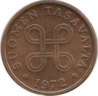 Монета 5 пенни.1972 год, Финляндия.