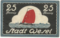 Нотгельд 25 пфеннигов 1921 год Везель (Stadt Wesel.), Без литеры. С серийным номером. (Дата 1921 г.), Германия.Лодка. 