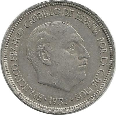 Монета 5 песет, 1957 год. (1967 год). Испания.  