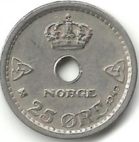 Монета 25 эре. 1949 год, Норвегия.   