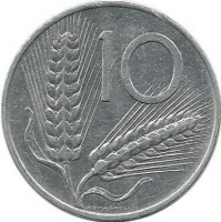 Монета 10 лир.  1976 год, Италия.