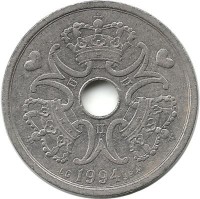 Монета 2 кроны. 1994 год, Дания.  
