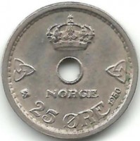 Монета 25 эре. 1950 год, Норвегия.   