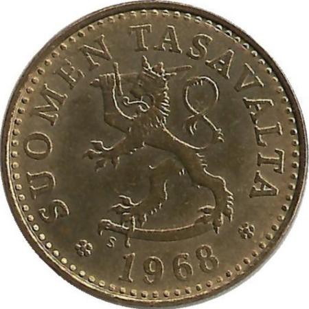 Монета 10 пенни.1968 год, Финляндия.