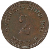 Монета 2 пфенниг 1911 год (А), Германская империя.