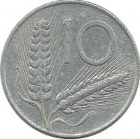 Монета 10 лир.  1975 год, Италия.