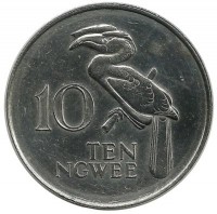 Монета 10 нгве. 1987 год, ( Токо-род птиц из семейства птиц-носорогов.)  Замбия.