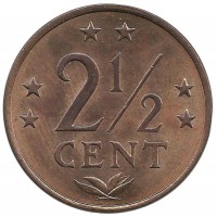 Монета 2,5 цента. 1975 год, Нидерландские Антильские острова. UNC.