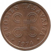 Монета 5 пенни.1974 год, Финляндия.