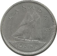 Шхуна Bluenose. Гафельная двухмачтовая шхуна Блюноуз. Монета 10 центов. 1975 год, Канада.  