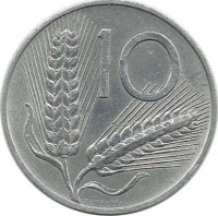 Монета 10 лир.  1974 год, Италия.