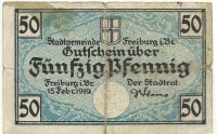 Нотгельд 50 пфеннигов 1919 год, Фрайбург-в-Брайсгау (Freiburg im Breisgau), (Баден-Вюртемберг), Литера B. С серийным номером. (Дата 15 февраля 1919 г.), Германия.