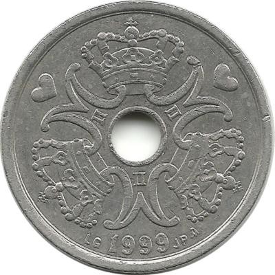 Монета 2 кроны. 1999 год, Дания.  