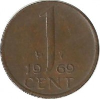 Монета 1 цент 1969г. Нидерланды.