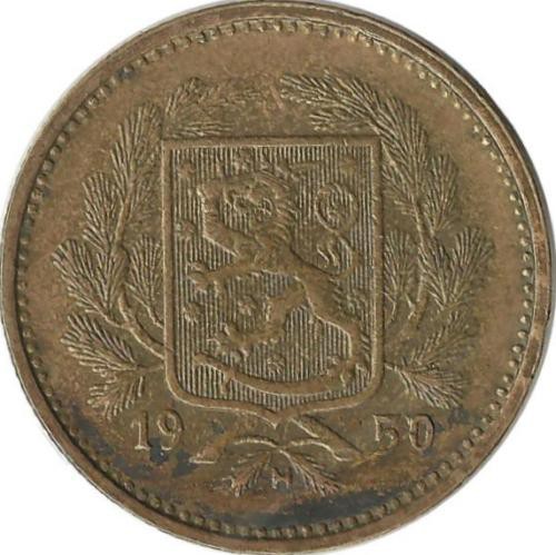 Монета 5 марок. 1950 год, Финляндия.