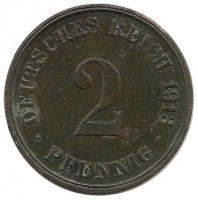 Монета 2 пфенниг 1913 год (J), Германская империя.
