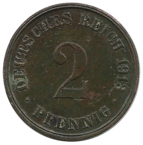 Монета 2 пфенниг 1913 год (J), Германская империя.