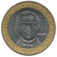 Франсиско дель Росарио. Монета 5 песо. 2002 год, Доминиканская Республика.