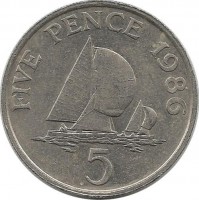 Парусники. Монета 5 пенсов. 1986 год, Гернси. 