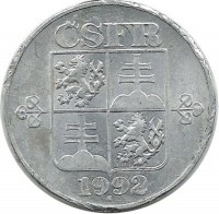 Монета 10 геллеров. 1992 год, Чехо-Словакия.  