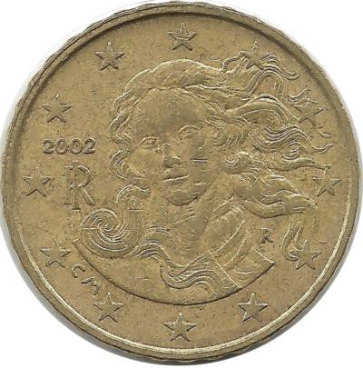 Италия. Монета 10 центов, 2002 год.  