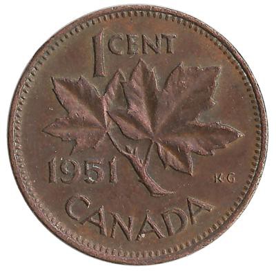 Монета 1 цент, 1951 год, Канада.
