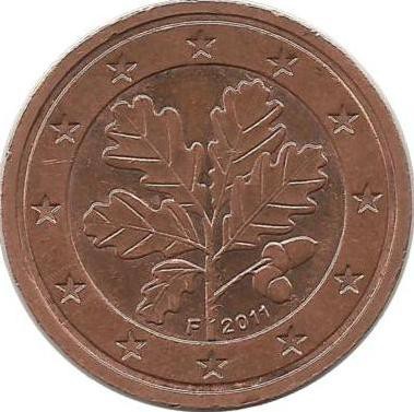 Монета 2 цента. 2011 год (F), Германия.