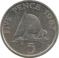 Парусники. Монета 5 пенсов. 1987 год, Гернси. 