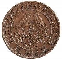 Капские воробьи. Монета 1/4 пенни (фартинг). 1947 год, ЮАР.