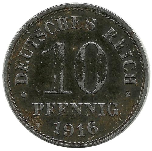 Монета 10 пфеннигов.  1916 год, (J) Германская империя. (магнетик)