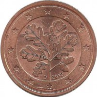 Монета 2 цента. 2012 год (D), Германия.