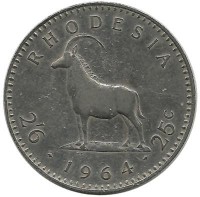 Монета 25 центов. 1964 год, (2,5 шиллинга)  Сернобык.  Родезия.