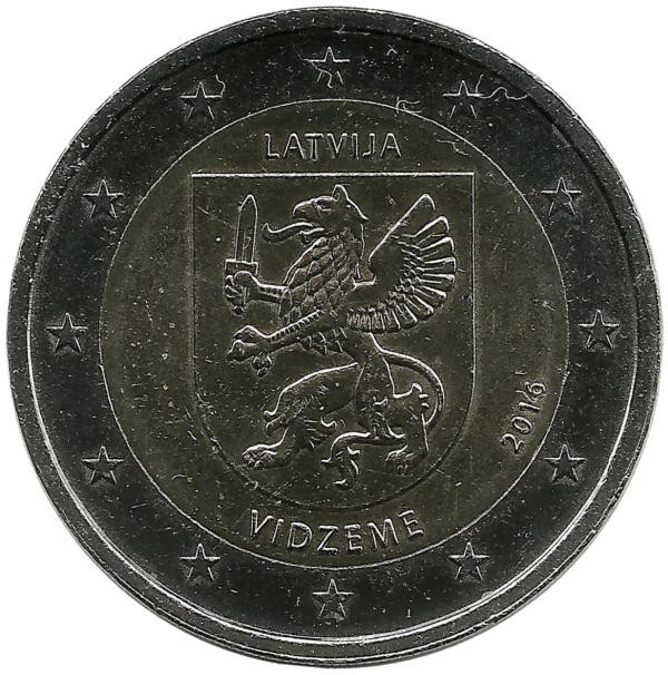 Видземе. Исторические области Латвии. Монета 2 евро. 2016 год, Латвия.UNC.