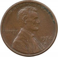 Линкольн. 1 цент 1974г. D.  (Денвер) , CША.