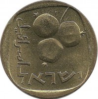 Монета 5 агорот. 1968 год, Израиль. (Три плода гранатового дерева) UNC.