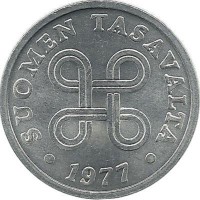 Монета 5 пенни.1977 год, Финляндия (алюминий).