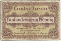 Нотгельд 25 пфеннигов 1919 год Ганновер (Hannover), Литера E. С серийным номером. (Дата 1 декабря 1919 г.), Германия. 