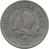 Парусники. Монета 5 пенсов. 1988 год, Гернси. 