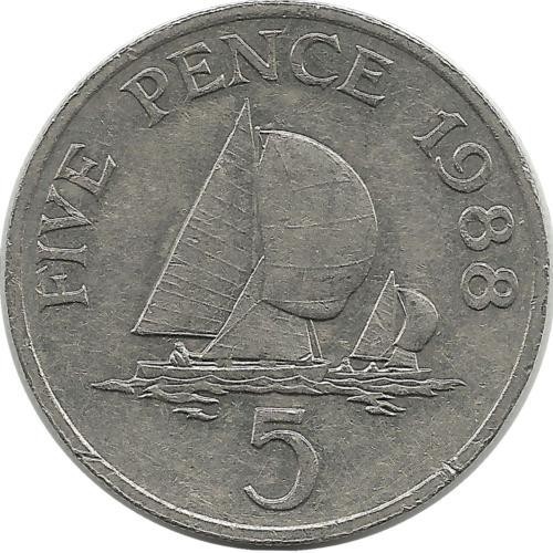 Парусники. Монета 5 пенсов. 1988 год, Гернси. 