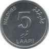 Полосатый тунец. Монета 5 лари. 2012 год, Мальдивы. UNC.