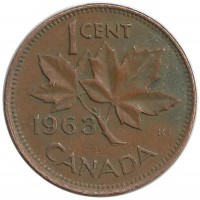 Монета 1 цент, 1963 год, Канада.