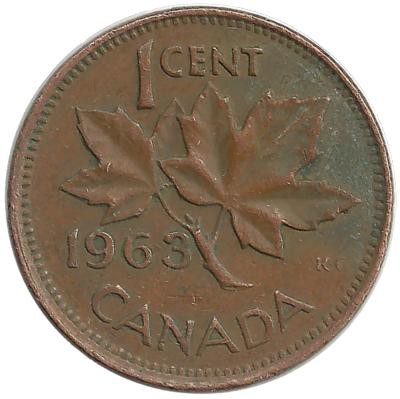 Монета 1 цент, 1963 год, Канада.