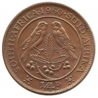 Капские воробьи. Монета 1/4 пенни (фартинг). 1950 год, ЮАР.
