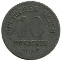 Монета 10 пфеннигов.  1917 год,  Германская империя.