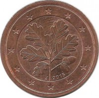 Монета 2 цента. 2015 год (J), Германия.